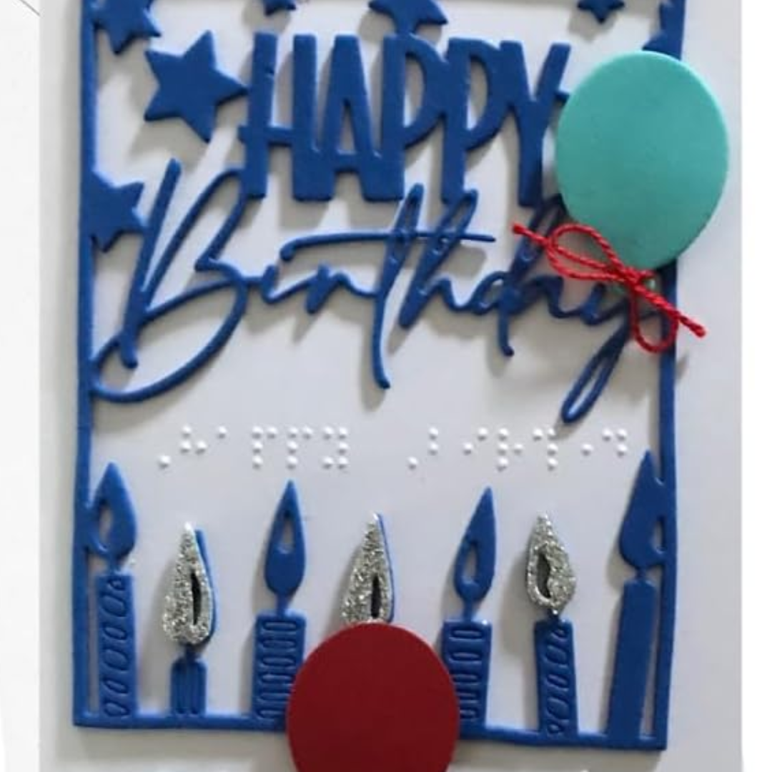 Braille Birthday Card with Balloons and Candles