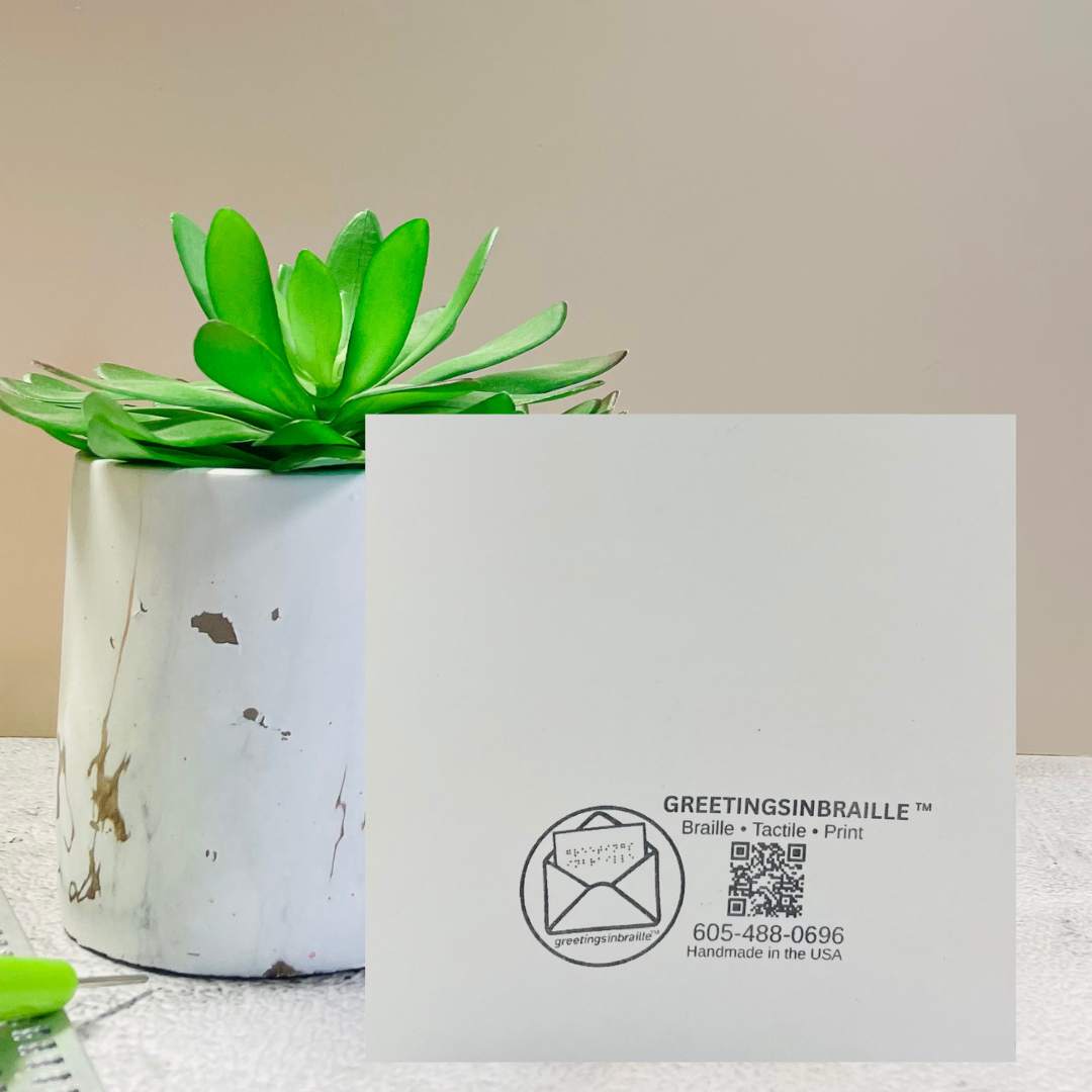 A white greeting card with black printed text and logo reading GREETINGsinBRAILLE, shown standing upright next to a potted green succulent in a white marbled pot against a beige wall.