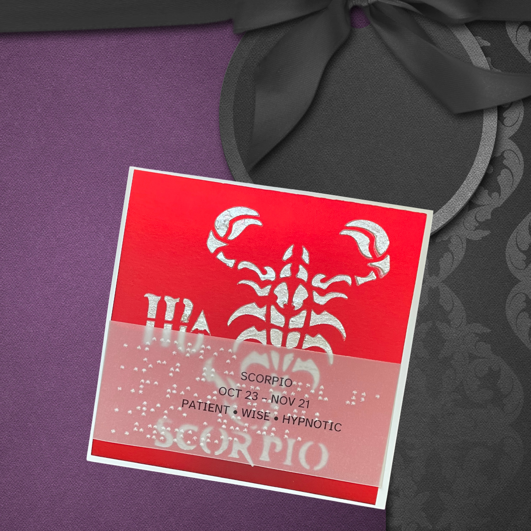 Zodiac Greeting Cards in Braille, Tactile, and Print (Scorpio (October 23 - November 21))