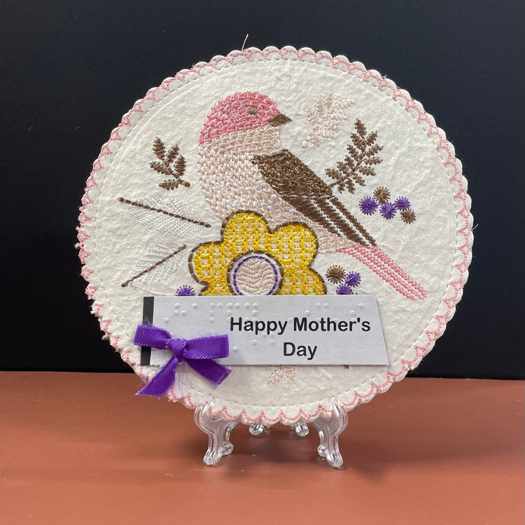 Braille Mother's Day Card for Mom – Embroidered Bird and Flower Design