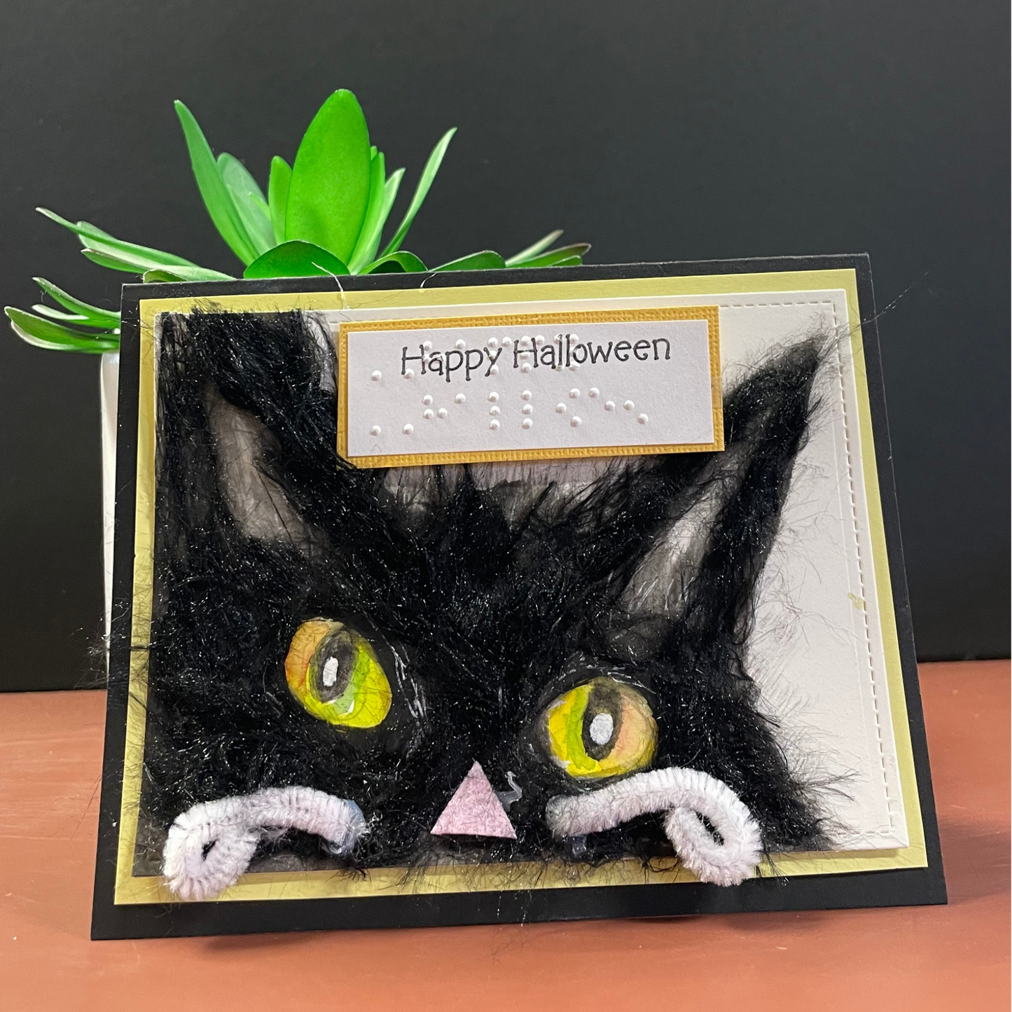 Braille Halloween Card - Fuzzy Black Cat with Glowing Eyes