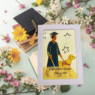 Graduation-themed card with a person in a cap and gown and a dog, surrounded by flowers on a light green background.
