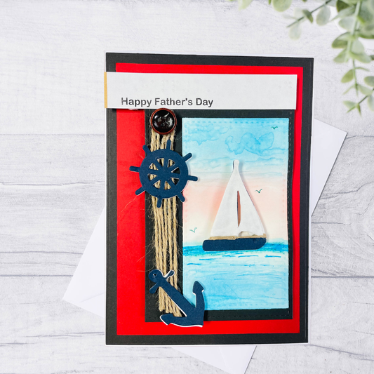 Father's Day card with sailboat, anchor, and wheel design on a white background