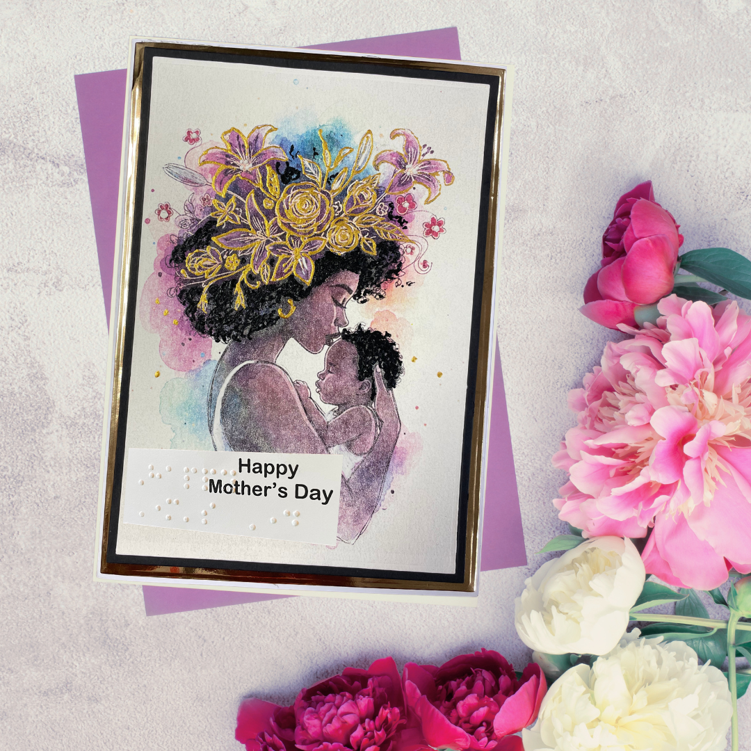 Greeting card with a mother and child illustration and 'Happy Mother's Day' text, surrounded by flowers.