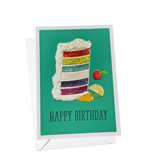 Rainbow Cake Braille Birthday Card Blue