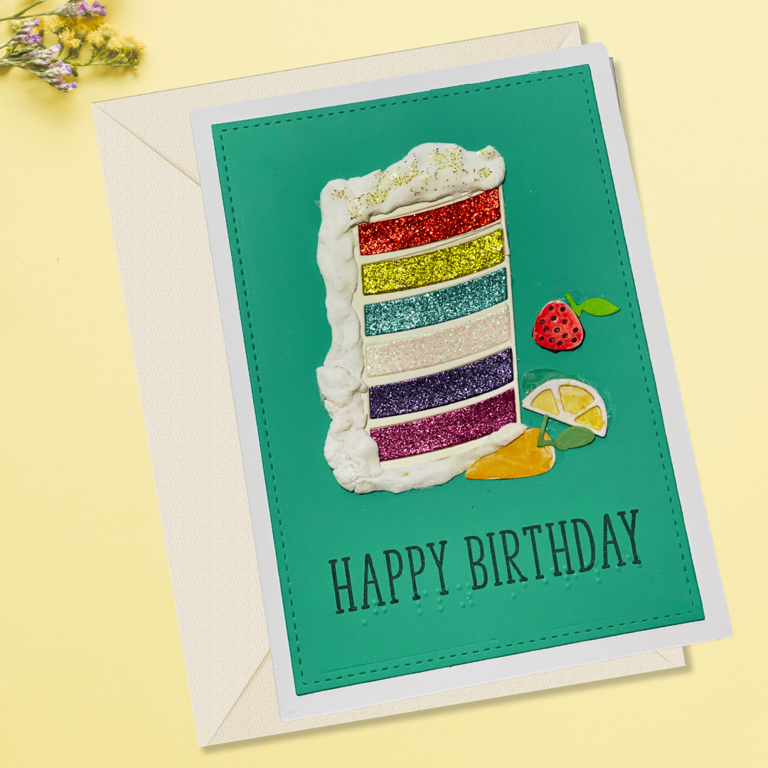 Rainbow Cake Braille Birthday Card Blue