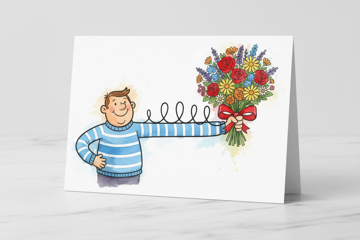 funny card with a man in blue stripe sweater top with an out stretched arm holding a bunch of flowers.