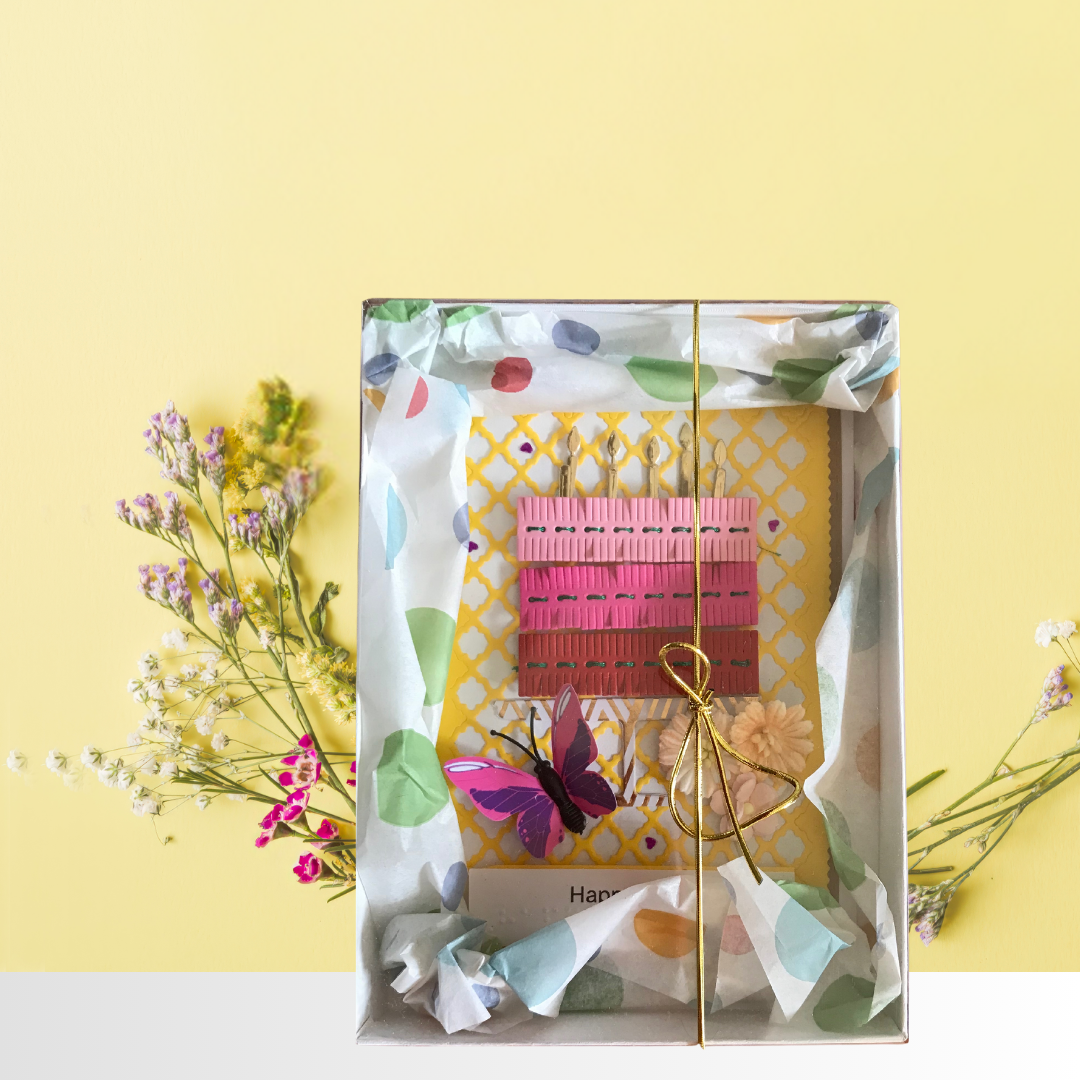 Handmade Braille & Large Print Birthday Card – Pink Stitched Cake Design