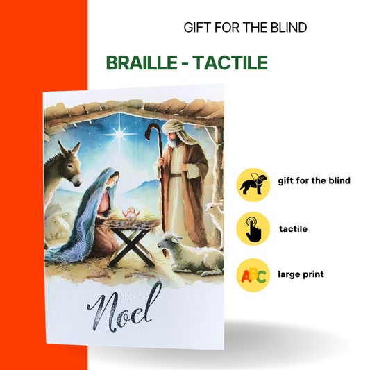 Nativity Watercolor Christmas Greeting Card Tactile Braille Large Print "Noel"
