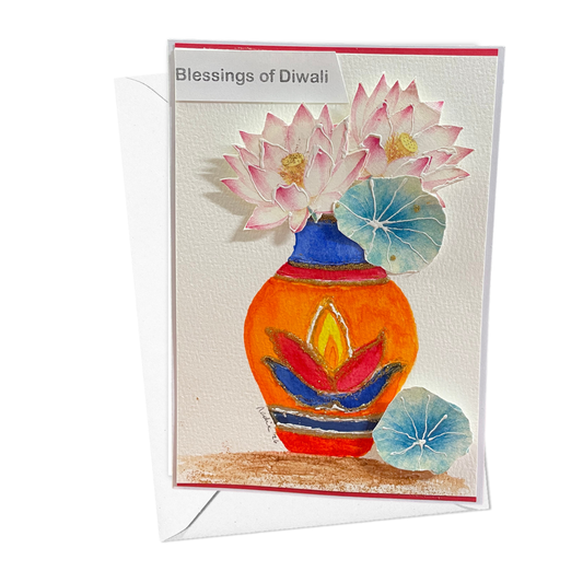 A Diwali greeting card with an envelope, featuring a watercolor-style illustration of a bright orange pot with a lotus flower and blue lotus leaves. The card reads 'Blessings of Diwali' at the top.