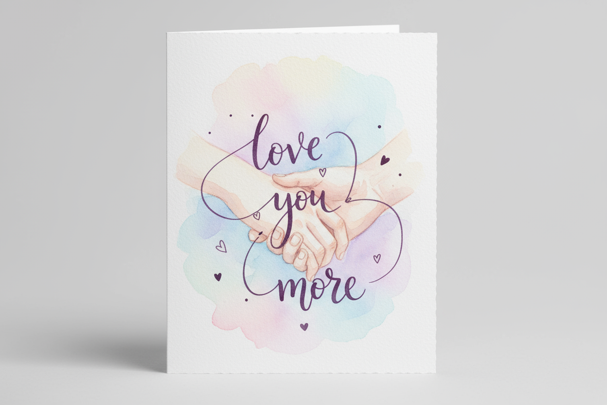 love you more watercolor greeting card drawing of hands entwined