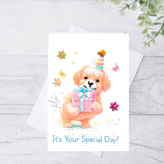Greeting card with a cartoon dog holding a gift and flowers on a white background