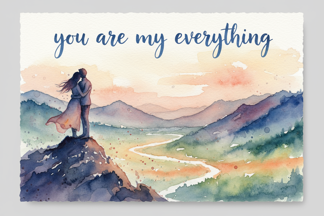 you are my everything watercolor greeting card of a couple on scenic mounting overlooking the valley. The couple are silhouette loose watercolor