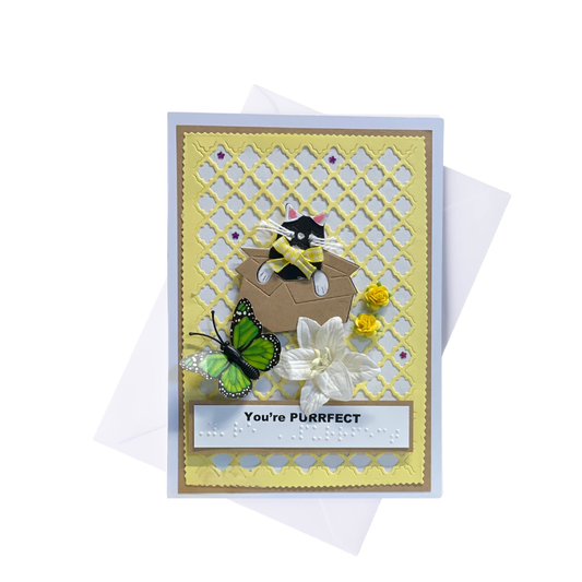 "You're PURRFECT" – Handmade 3D Greeting Card with Braille Large Print