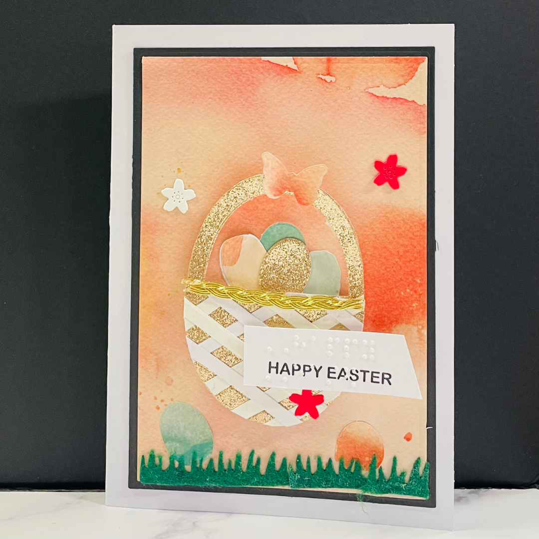 Easter card with eggs, flowers, and 'Happy Easter' text on a watercolor background.