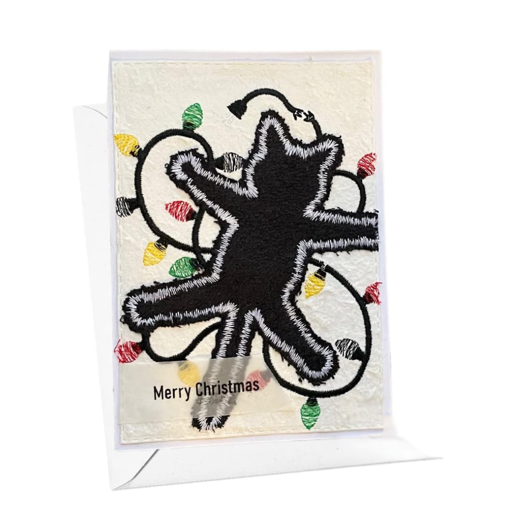 Black Christmas Cat Braille Card - Wrapped in Lights Holiday Greeting