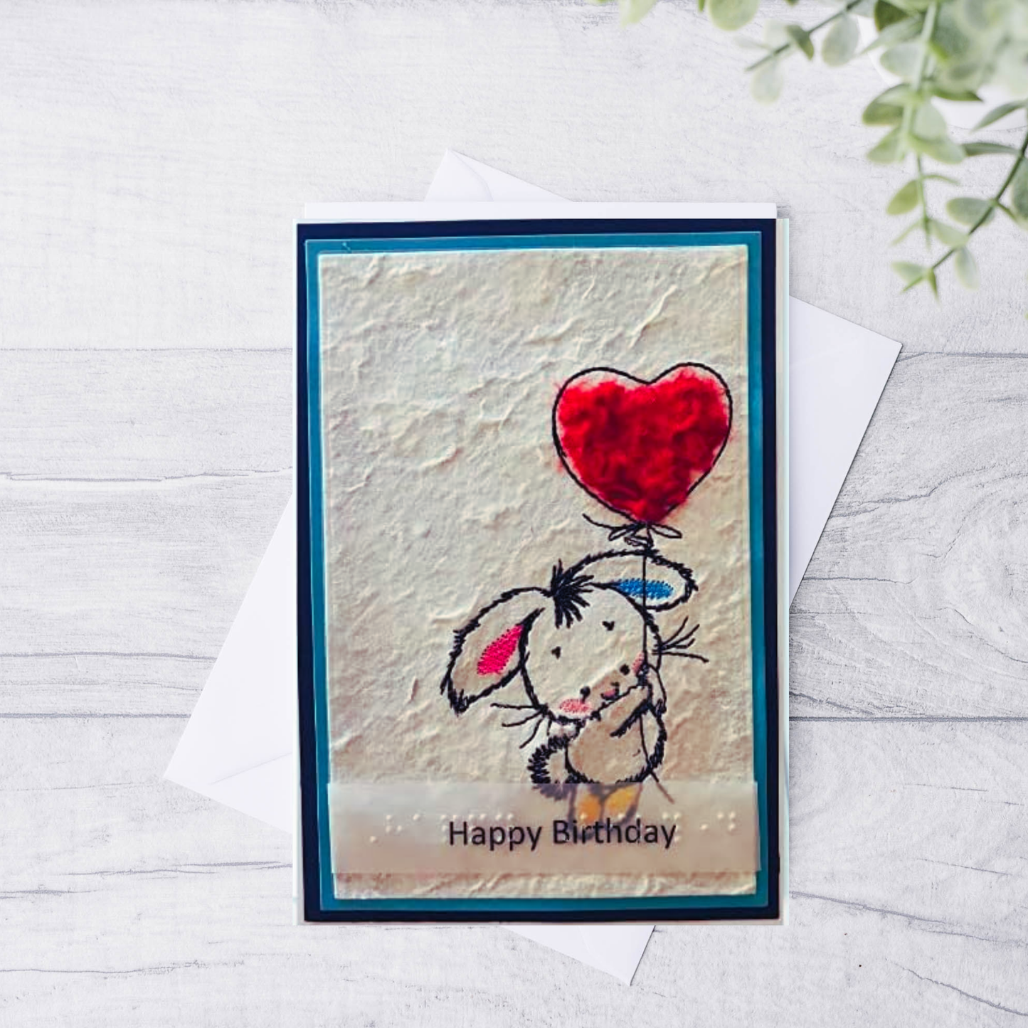 Bunny with Heart Balloon Braille Birthday Card