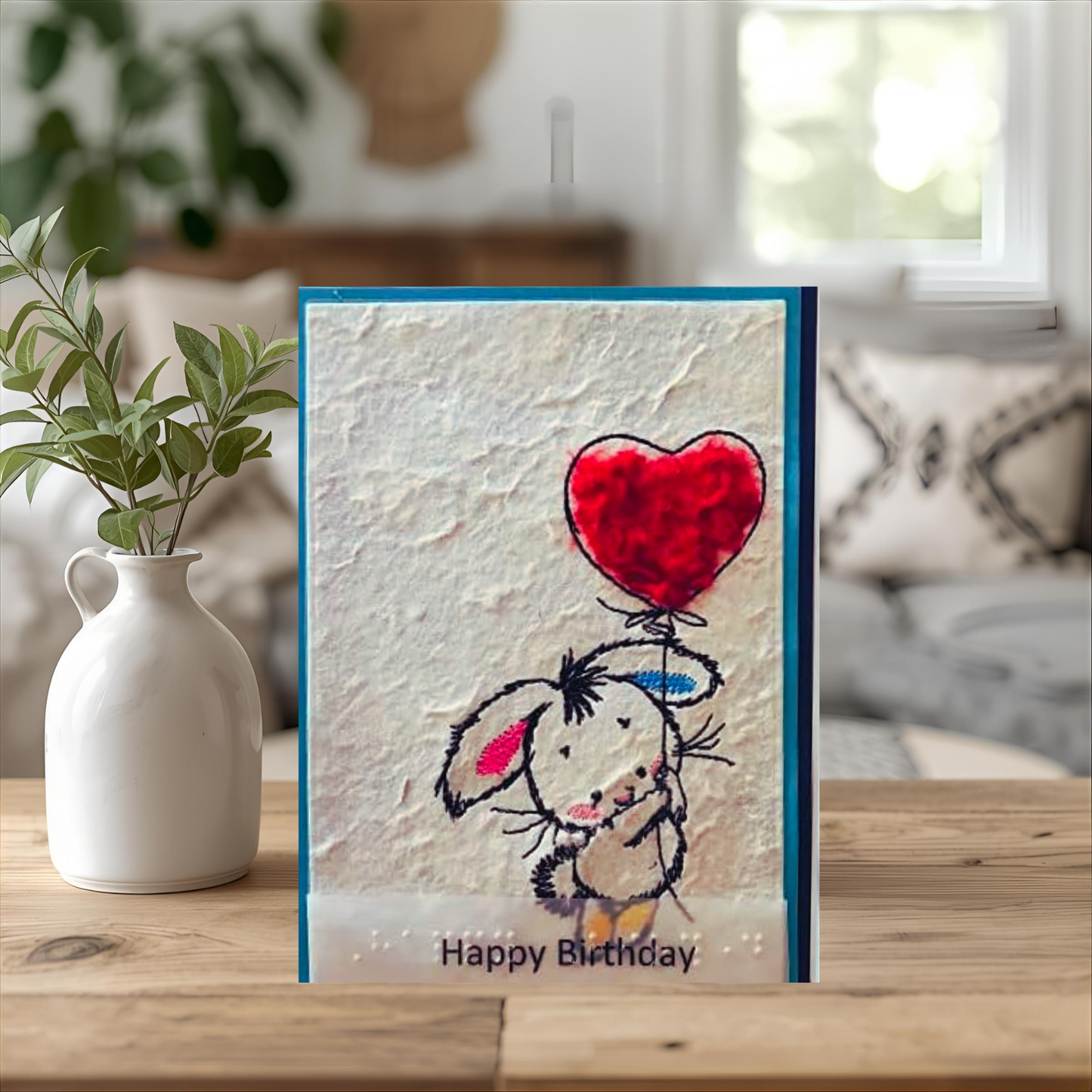 Bunny with Heart Balloon Braille Birthday Card