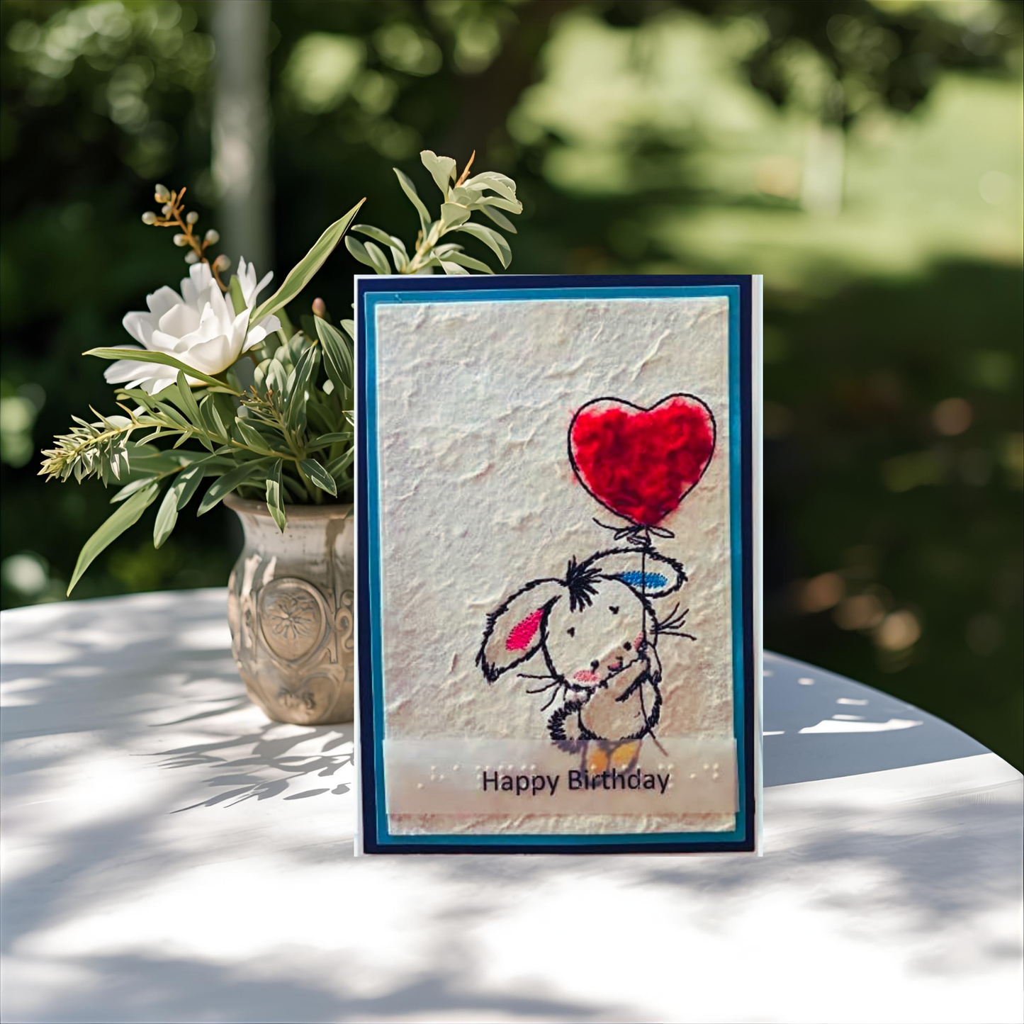 Bunny with Heart Balloon Braille Birthday Card