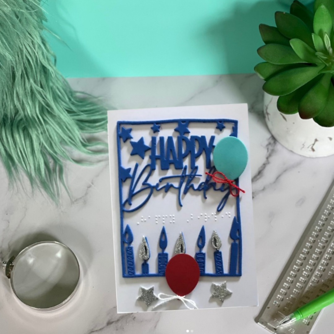 Braille Birthday Card with Balloons and Candles