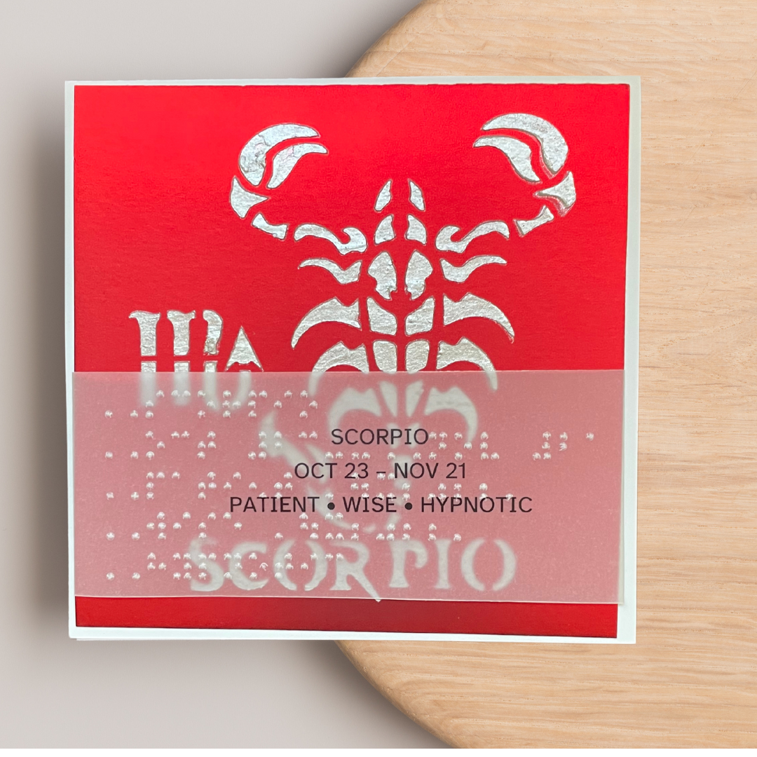 Zodiac Greeting Cards in Braille, Tactile, and Print (Scorpio (October 23 - November 21))