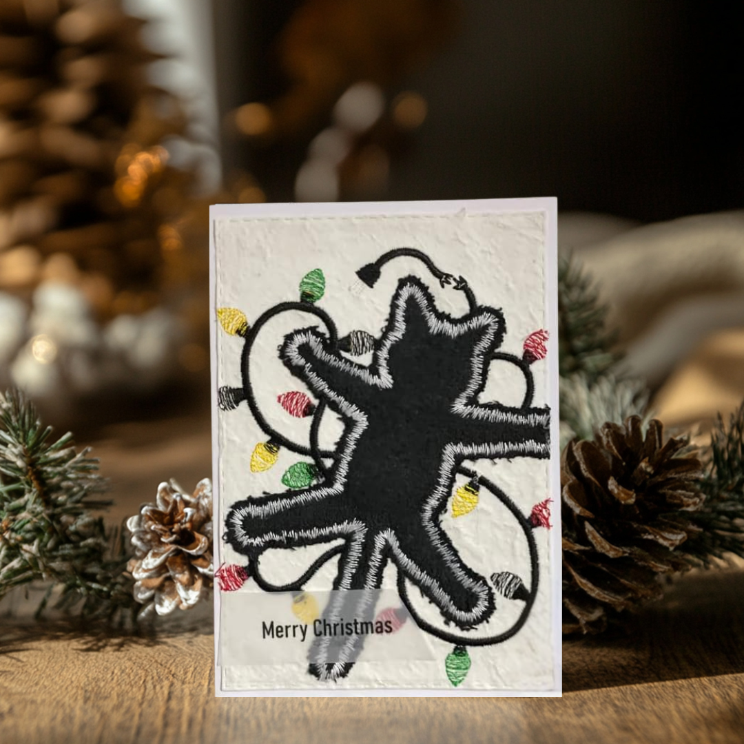 Black Christmas Cat Braille Card - Wrapped in Lights Holiday Greeting