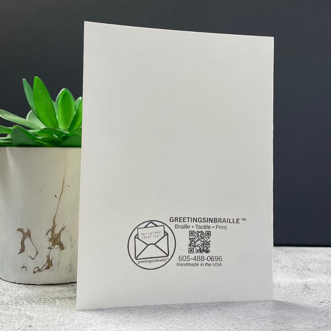 A white rectangular card or paper product standing upright on a light surface, with black printed text and logo near the bottom reading GREETINGSINBRAILLE and a QR code. A small green succulent in a white marbled pot sits to the left against a dark gray background.