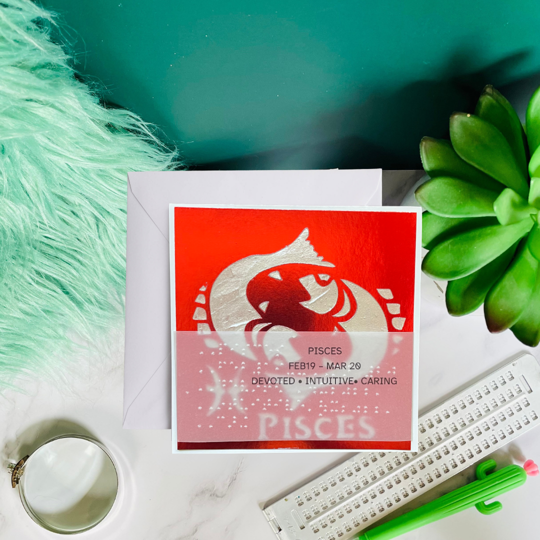 Zodiac Greeting Cards in Braille, Tactile, and Print (Pisces (February 19 - March 20))