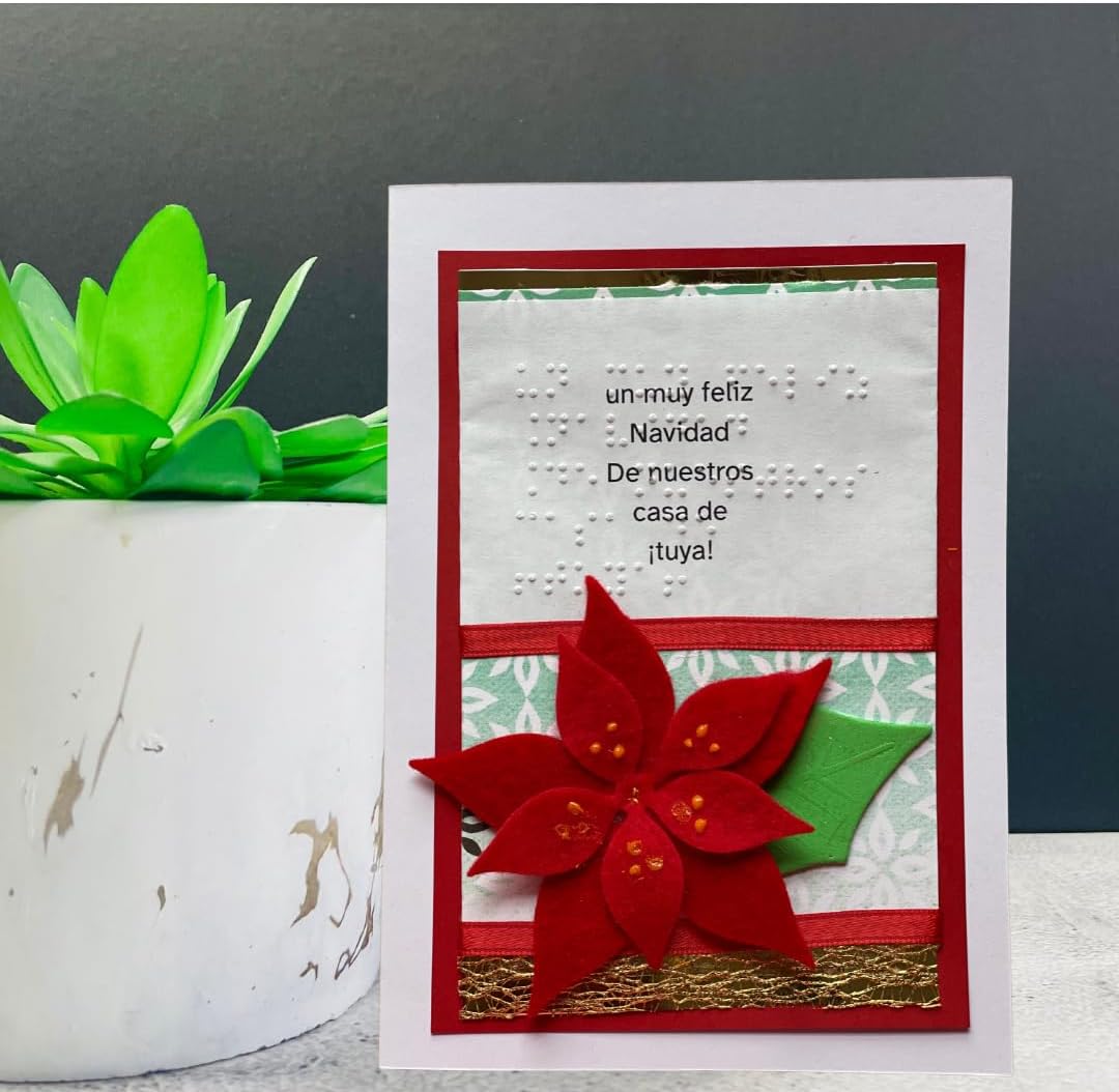 A handmade Christmas greeting card with a red poinsettia decoration and Spanish text, displayed next to a green plant in a white pot against a dark gray background.