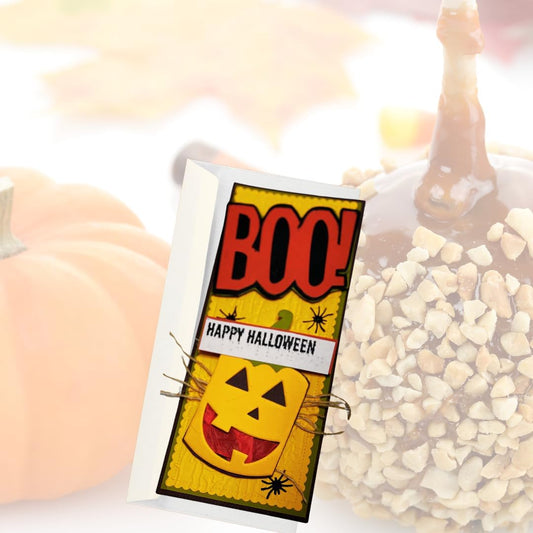 A Halloween-themed greeting card with 'BOO!' and 'HAPPY HALLOWEEN' text,