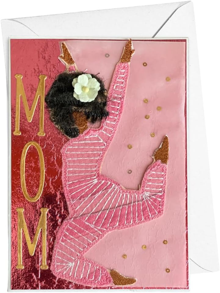 A handmade Mother's Day card featuring a 3D figure of a ballerina in a pink leotard, with a white flower in her hair. The left side has a textured red background with gold foil letters spelling 'MOM'.