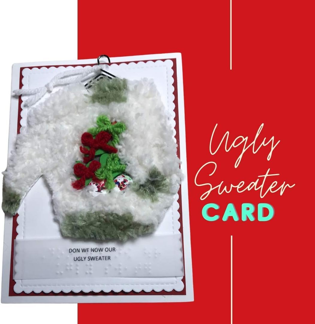 A handmade greeting card featuring a 3D fluffy white sweater ornament with green trim and red flowers, displayed on a white card base with the text 'DON WE HOW OUR UGLY SWEATER' and 'Ugly Sweater CARD' on a red background.