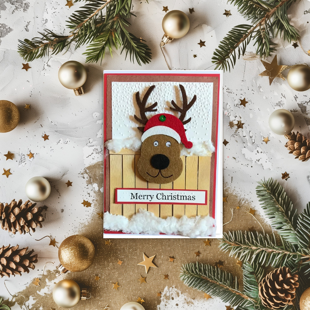 Braille Christmas Greeting Card – Festive Reindeer at Fence