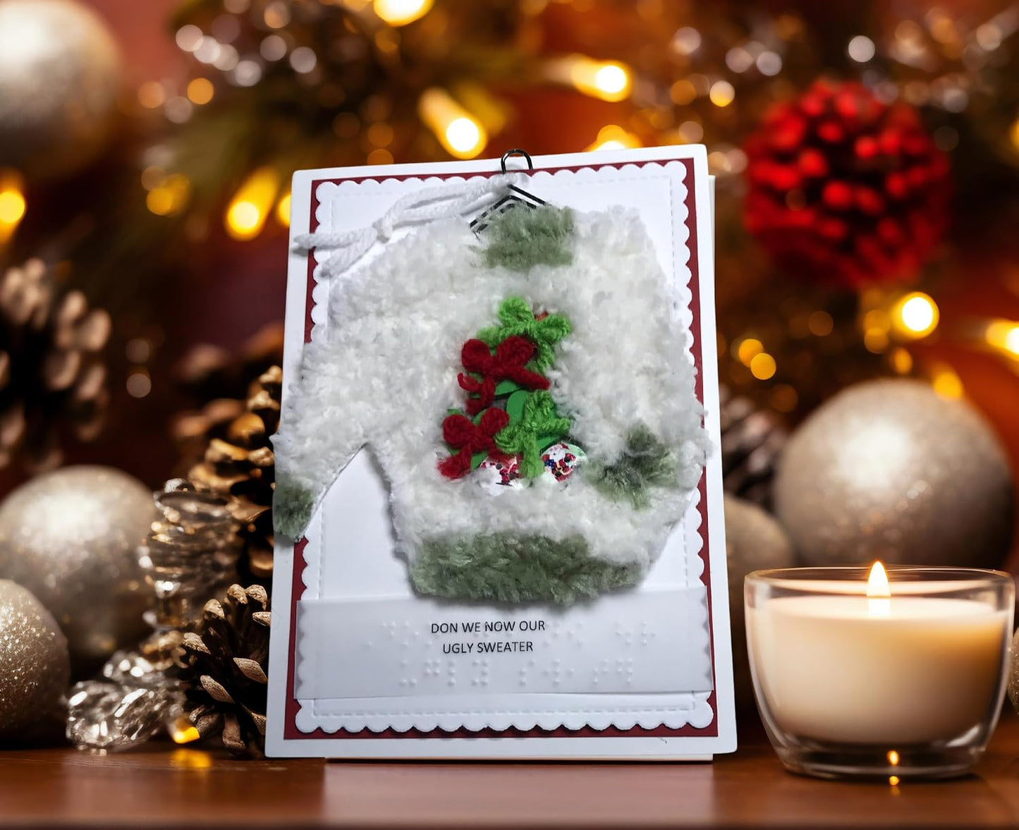 A handmade Christmas greeting card featuring a fuzzy white sweater with red and green embroidery, displayed on a wooden surface with a lit candle, pinecones, and festive lights in the background.