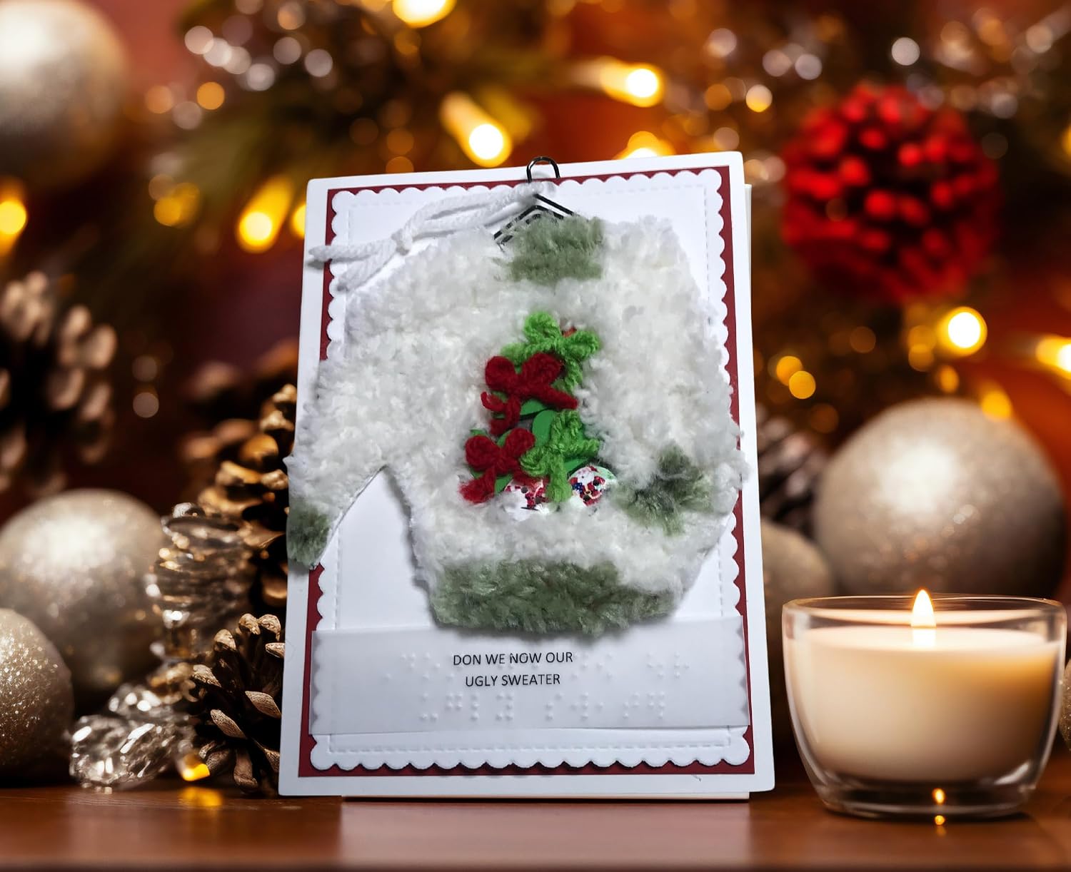 A handmade Christmas greeting card featuring a fuzzy white sweater with red and green embroidery, displayed on a wooden surface with a lit candle, pinecones, and festive lights in the background.