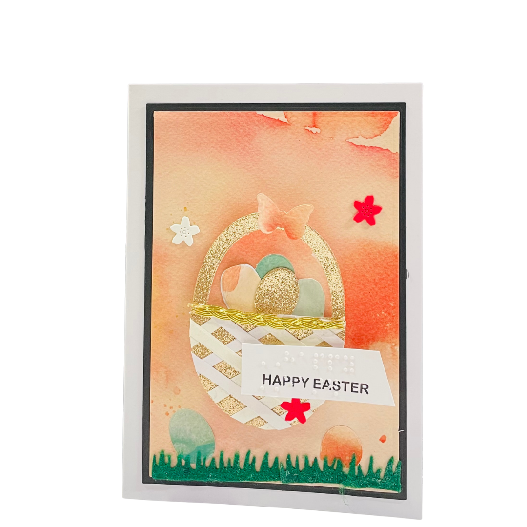 Easter card with watercolor design, eggs, and 'Happy Easter' text on a white background.