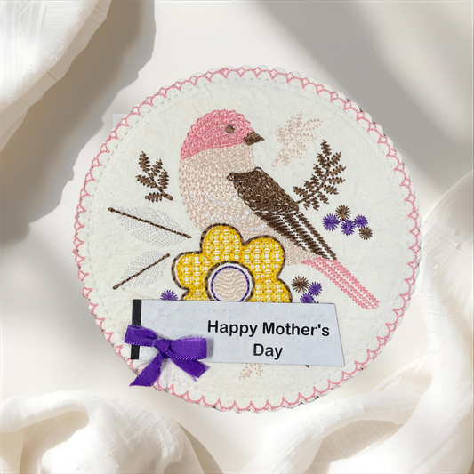 Braille Mother's Day Card for Mom – Embroidered Bird and Flower Design