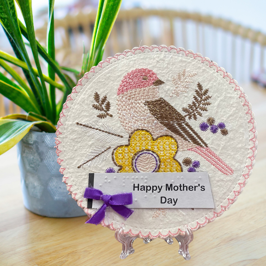 Braille Mother's Day Card for Mom – Embroidered Bird and Flower Design