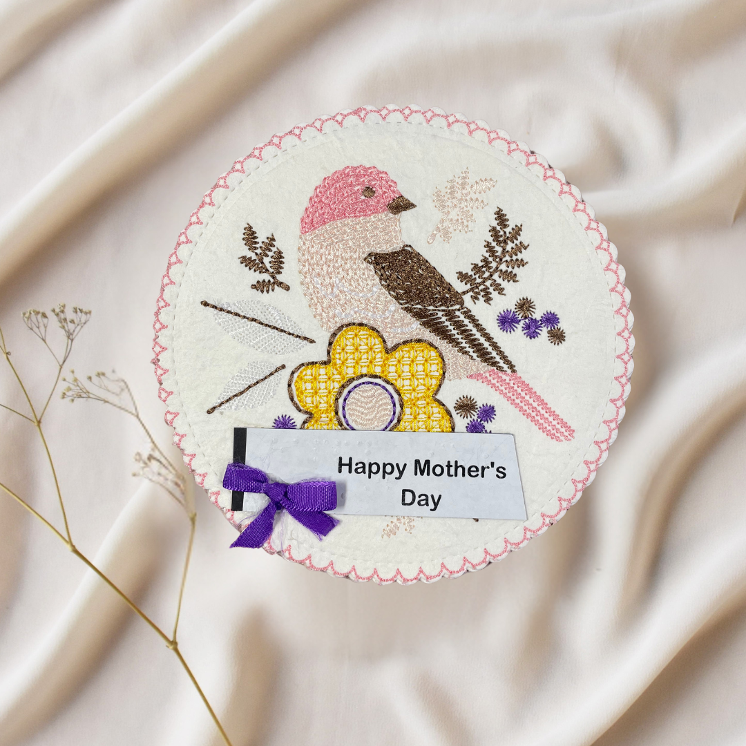 Braille Mother's Day Card for Mom – Embroidered Bird and Flower Design