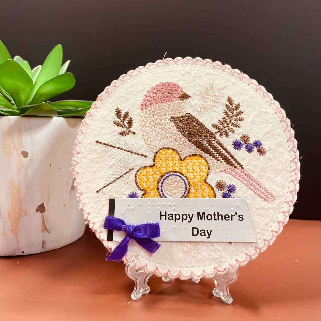 Braille Mother's Day Card for Mom – Embroidered Bird and Flower Design