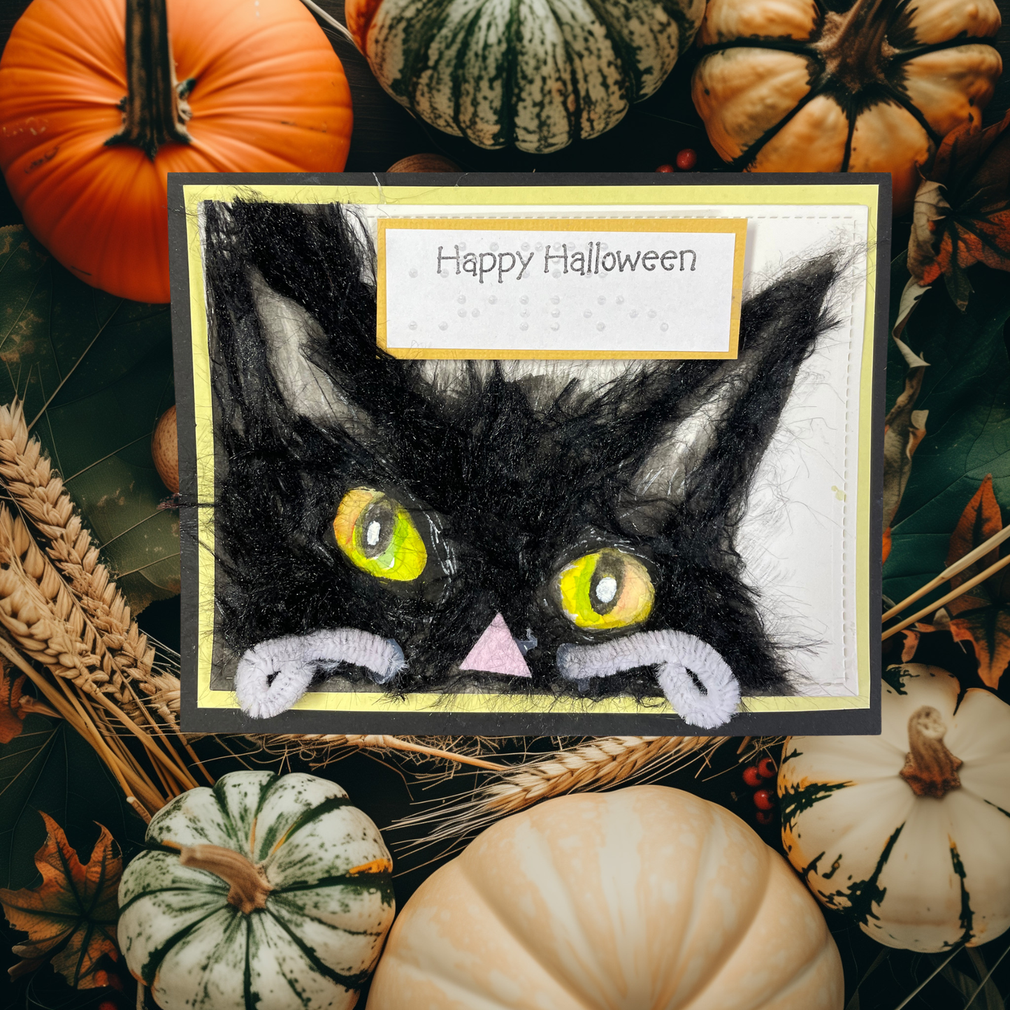 A handmade Halloween greeting card featuring a black cat with yellow eyes and a pink nose, surrounded by autumn pumpkins and wheat stalks. The card has a 'Happy Halloween' label at the top.