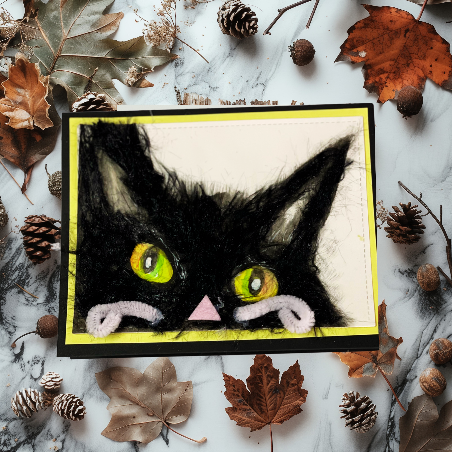 A handmade Halloween greeting card featuring a black cat with yellow eyes and a pink nose, surrounded by autumn pumpkins and wheat stalks. The card has a 'Happy Halloween' label at the top.