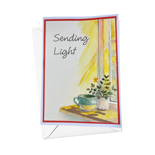 Card front in various display angles — watercolor window scene, teal mug, potted plant, red mat border