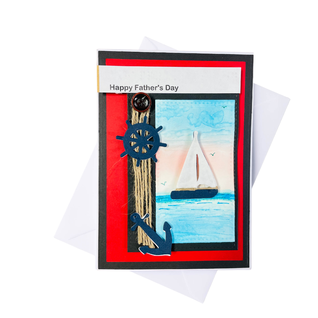 Father's Day card with sailboat and nautical elements on a white background