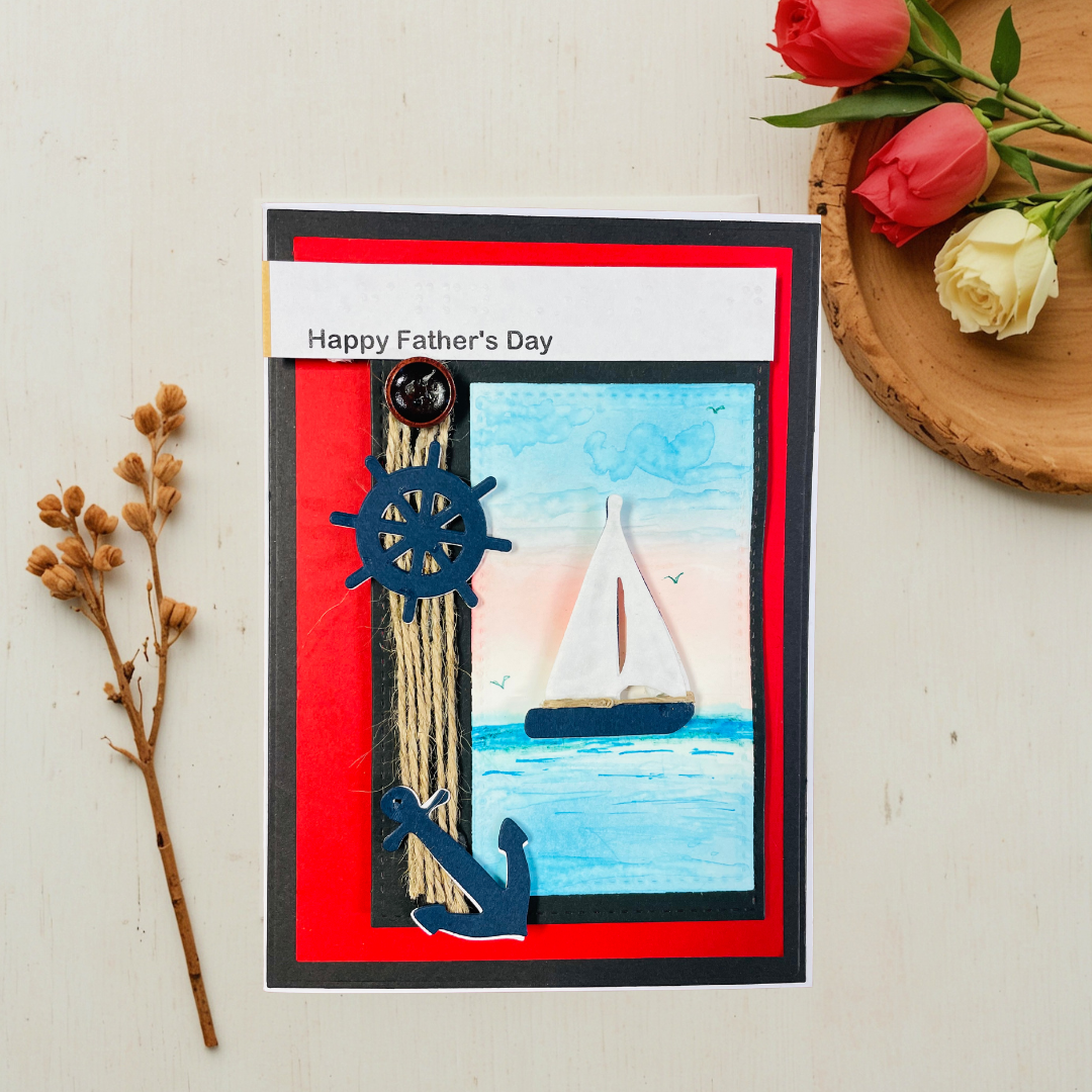 Father's Day card with sailboat design, flowers, and decorative elements on a light background