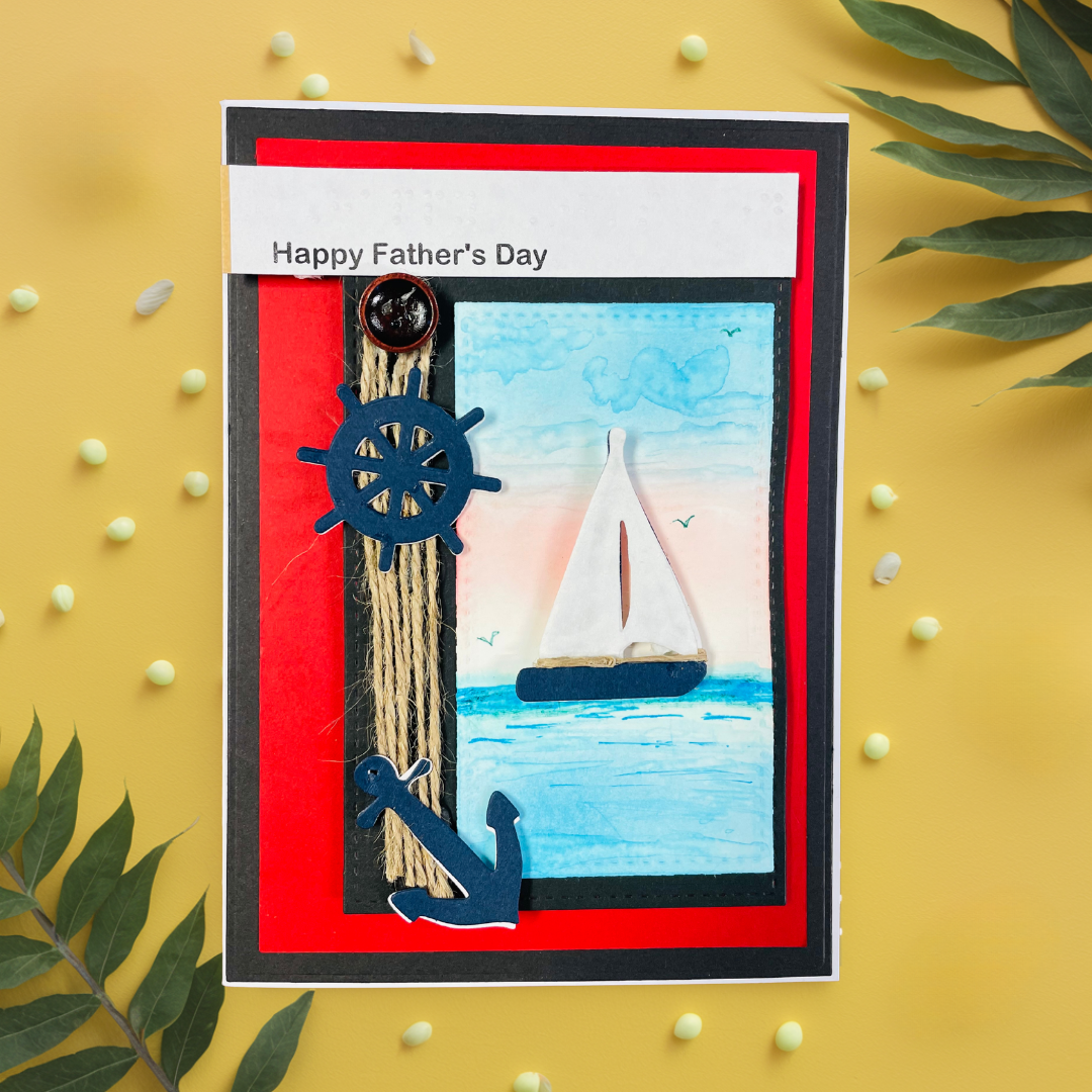 Father's Day card with sailboat illustration, anchor, and steering wheel on a yellow background.