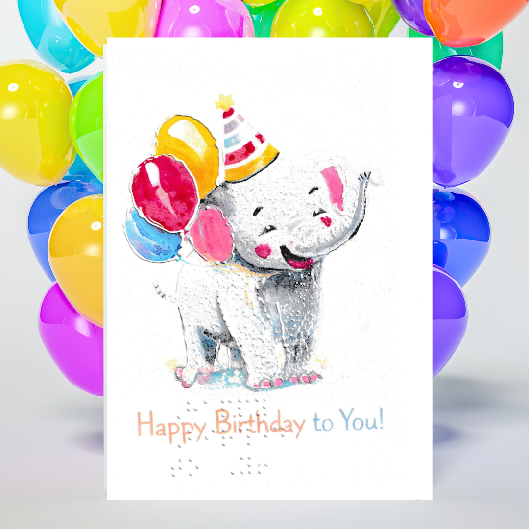 Birthday card with a cartoon elephant wearing a party hat and balloons, surrounded by colorful balloons.