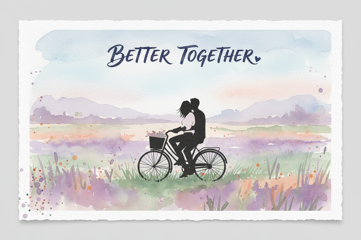 better together couple on a greeting card riding a bike in a field woman and man  in a pants  couple in silhouette watercolor 