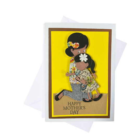 Mother's Day card with a tactile image of a mother and daughter on a yellow background