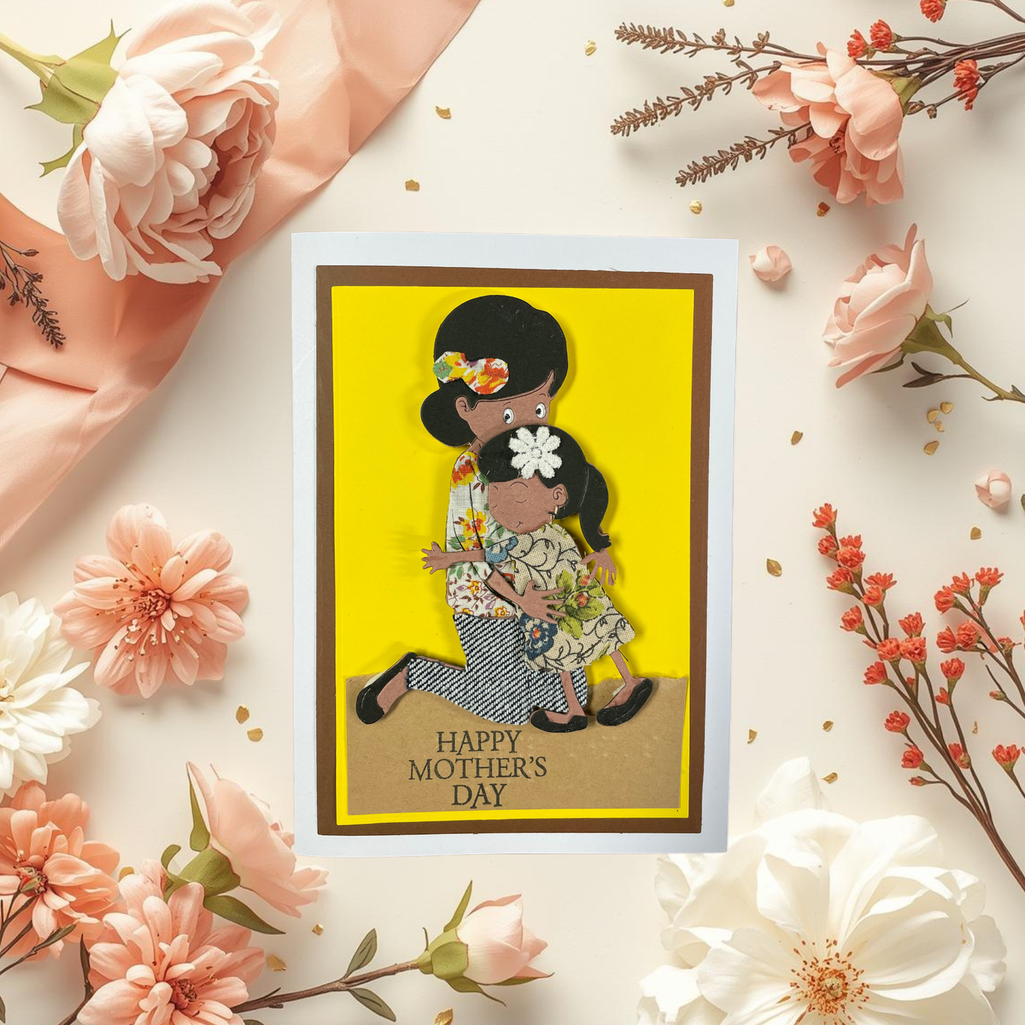 Greeting card with tactile image of a mother and child on a yellow background surrounded by flowers.